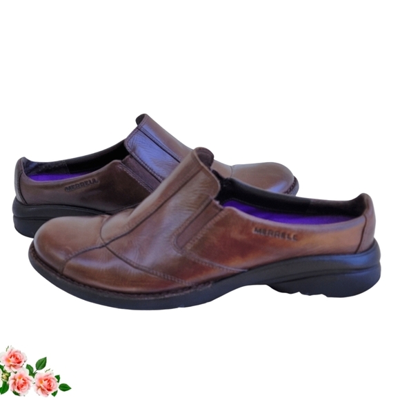 Merrell Shoes - Merrell Leather Bracken Brown Slide Mules Loafers  Air Cushion Insole Wo…